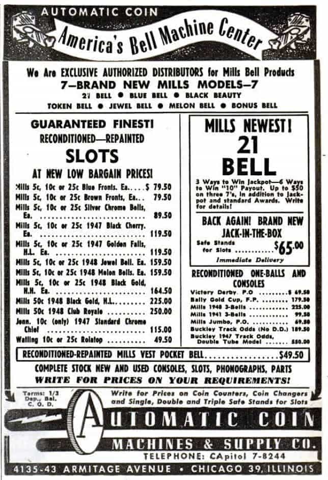 Advertentie met Mills’ gokkasten in Billboard Magazine 1949