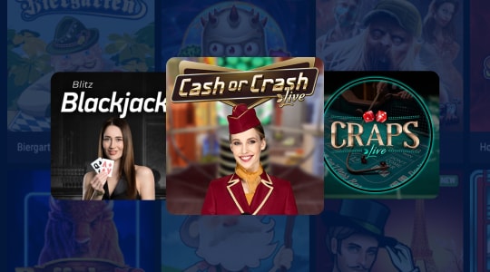 Blitz Blackjack, Cash or Crash en Craps live spel logos