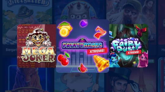 Mega Joker, Fruity Beats en Fairy Dust spel logos