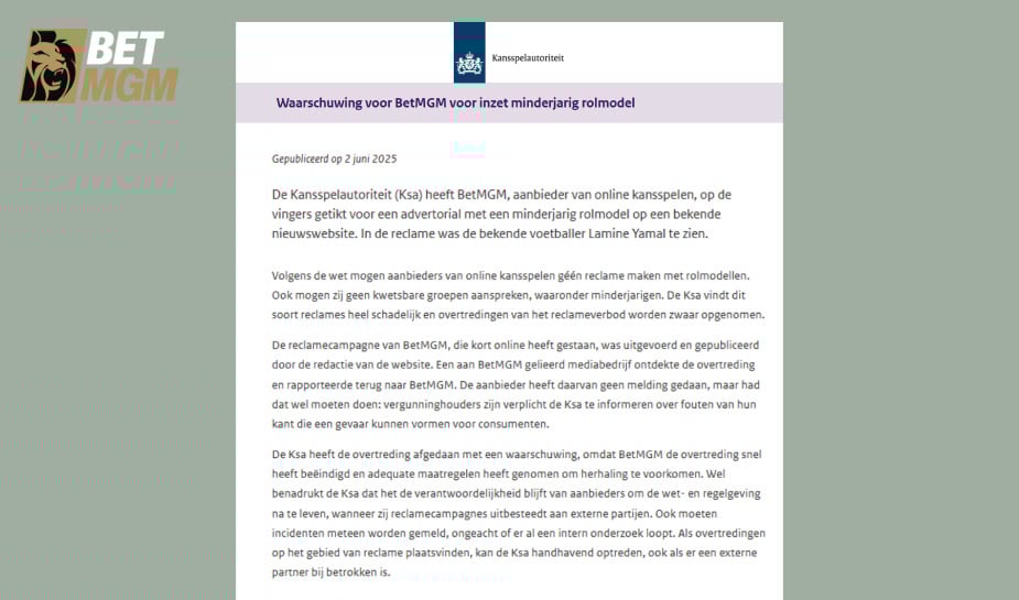 BetMGM op de vingers getikt door de Ksa logo