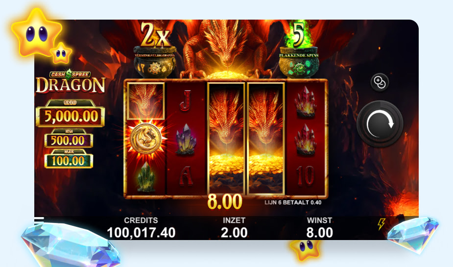 Cash Spree Dragon logo printscreen 8 euro winst