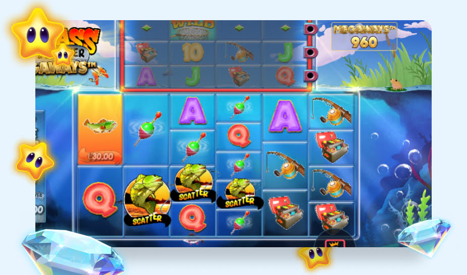 Big Bass Hold and Spinner Megaways printscreen - 3 scatters gedraaid logo