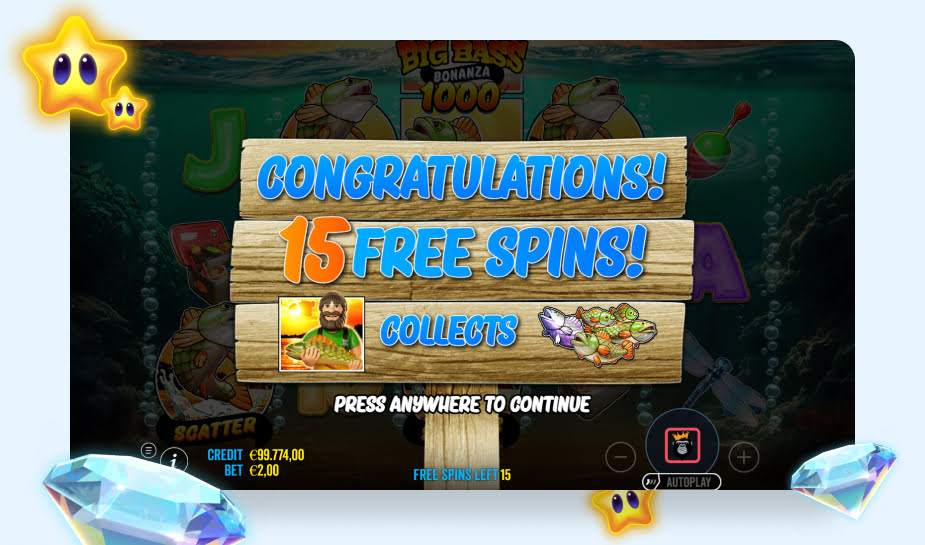 Big Bass Splash 1000 printscreen - 15 free spins gewonnen logo