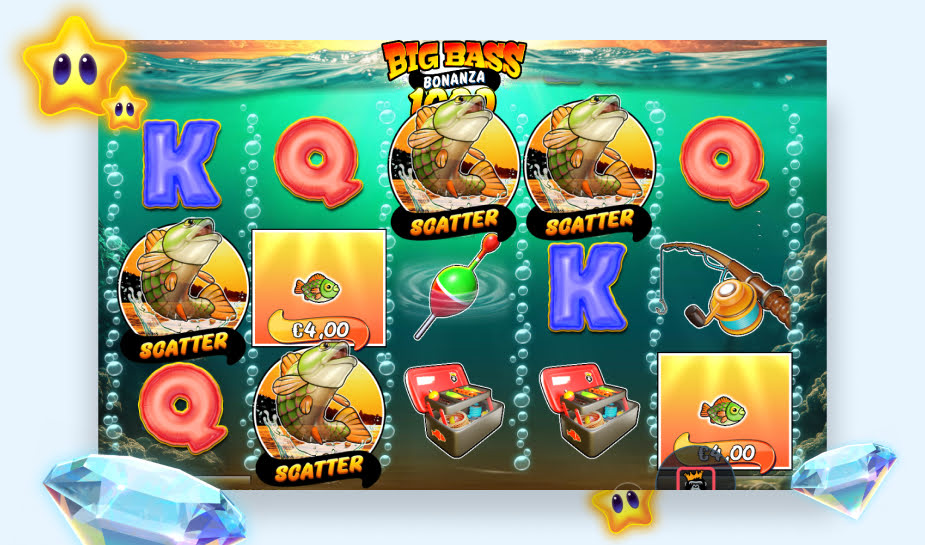 Big Bass Splash 1000 printscreen - scatters gedraaid logo