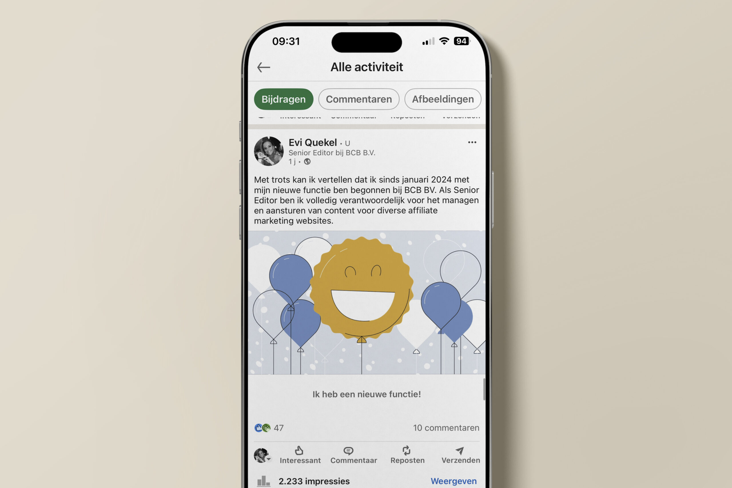 LinkedIn post Evi Quekel - nieuwe functie senior editor januri 2024