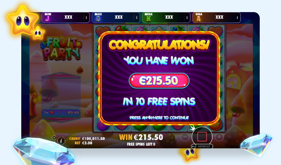 Fruit Party Oranje Jackpot printscreen - Gefeliciteerd logo