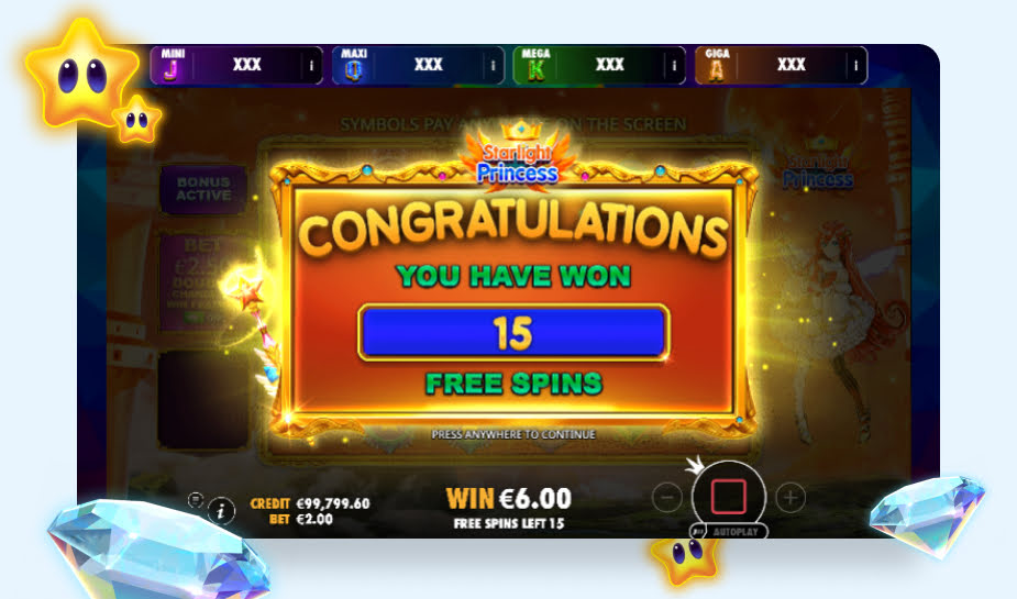 Starlight Princess Oranje jackpot printscreen - 15 free spins logo