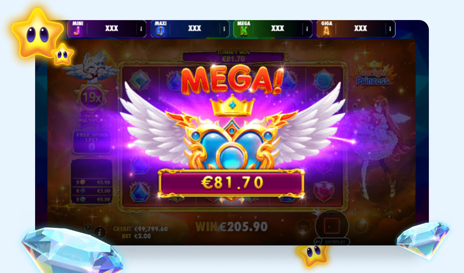 Starlight Princess Oranje jackpot printscreen - Mega winn logo