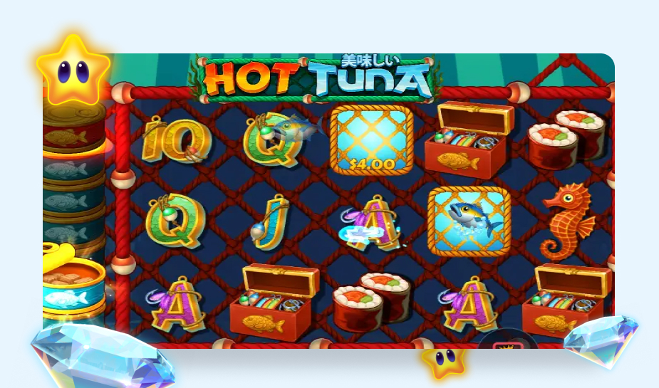 Preview Hot Tuna van Pragmatic Play. In de bonusronde wordt tonijn gespaard in blik.