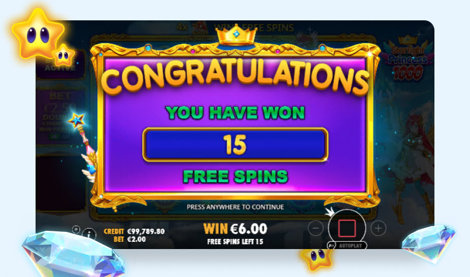 Starlight Princess 1000 Speelveld - 15 free spins