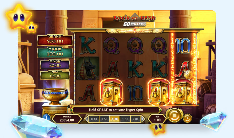 Book of Dead Go Collect printscreen 3x een scatter gedraaid