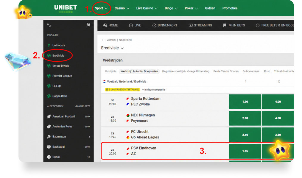 Open het sportsbook en zoek de juiste sport/wedstrijd